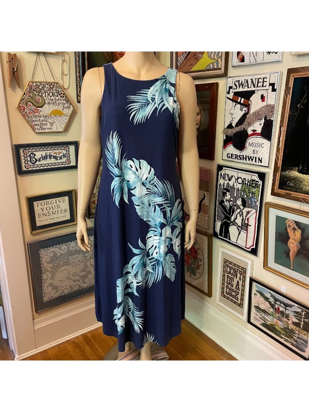 Tommy Bahama Viscose & Spandex Blend Sleeveless Blue Tropical Print Dress XL